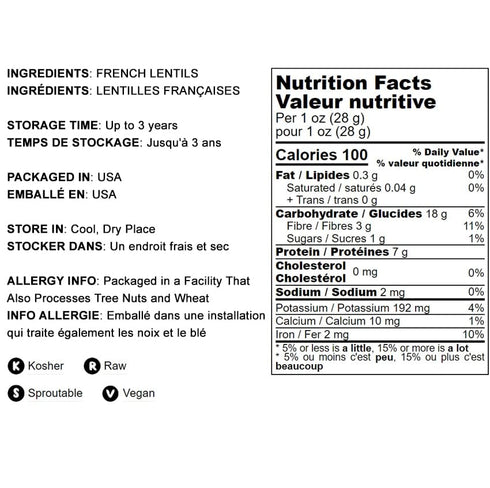 8 Food to Live French Green Lentils, Ounces Whole Dry Beans, Raw, Sproutable, Vegan, Kosher, Bulk. Deep Peppery Flavor.