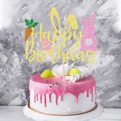Easter Happy Birthday Cake Topper Glitter Paper - Happy Easter Birthday Cake Decor with Bunny Egg Elements Party