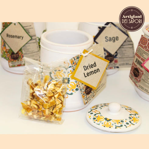 Italian Gifts Lemon Peel Granules in Handmade Ceramic Jar, Lemon Zest and Rind, Herb, Spice & Seasoning Gifts, Italy