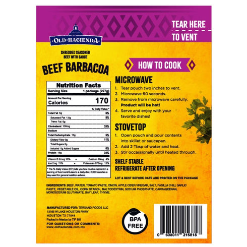 100% 18g Pack 2 8oz Old Hacienda Beef Barbacoa, | Shredded Seasoned Beef with Sauce | Fully Cooked & Ready to Eat |