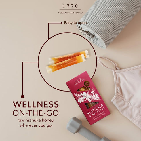 1770 83+ 30 15g, Naturally Australian MGO Manuka Honey Sticks x Organic Honey for Tea, Yogurt, & Travel Snacks