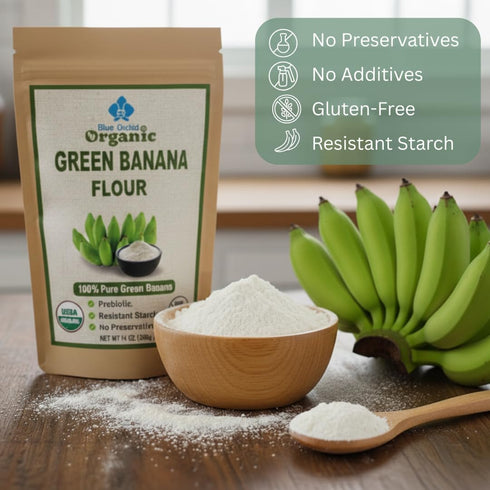 (14 OZ) Organic Green Banana Powder - Resistant Starch - Superfood Pre-biotic Smoothie Powder - Flour Substitute