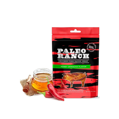 1.5-oz. (Pack 4) PALEO RANCH Uncured Bacon Jerky, Honey Sriracha, No Added Hormones, No Preservatives, Pouches