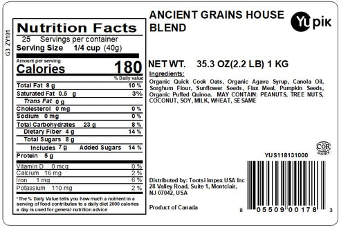 2.2 lb, Pack 1 Yupik Granola Cereal, Ancient Grains, A granola mix of organic oats, organic agave syrup, sunflower