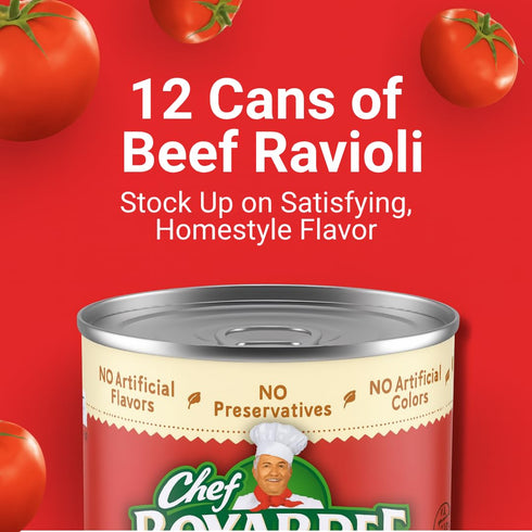 15 oz 12 Pack Beef Ravioli in Hearty Meat Sauce, Large Cans, Bulk - Classic Canned Pasta & Comfort Food for Quick