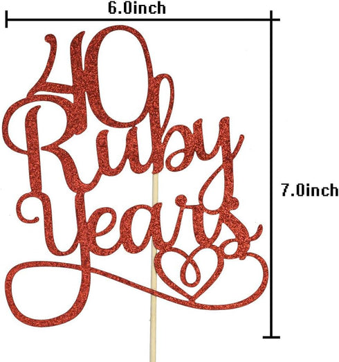 40 Ruby Years Cake Topper for 40th Anniversary Wedding Party Decorations, Red Glitter