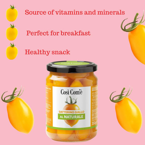 12.35 oz (350g), Cos Com', Yellow Datterino Tomatoes unpeeled in water, low-acid, No additives, no preservatives