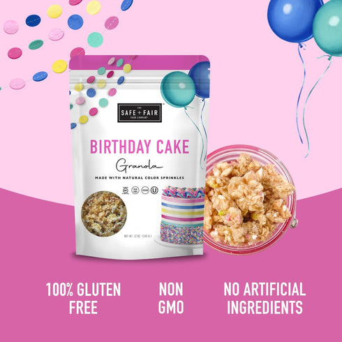 Safe + Fair Birthday Cake Granola, Gluten-Free, Dairy Free Vegan Breakfast, Snack or Dessert, 12oz