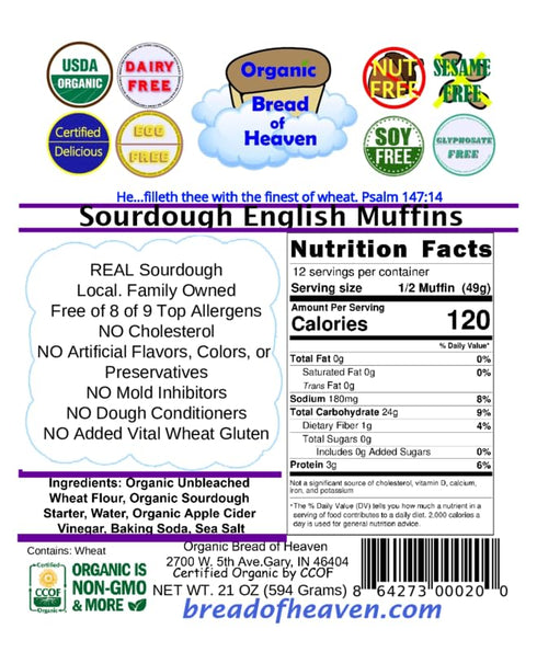 Organic Bread of Heaven 2 6~ ~ Sourdough English Muffins pkgs of USDA Organic