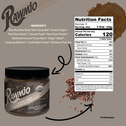Pack 2 8.5 oz Rawmio Organic Classic Cacao Mushroom Hot Chocolate - Vegan, Kosher, Low-Fat and Gluten-Free | of |