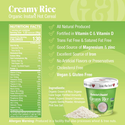 (Pack 6) Gabriel & Daniel Creamy Rice Hot Cereal Cup Non-GMO, Pure and Organic Gluten Free Cereal Rich in Iron