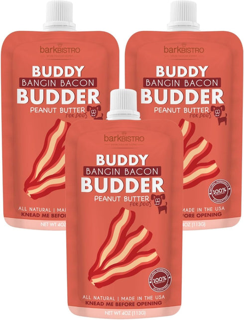 BUDDY BUDDER Bangin Bacon Peanut Butter for Dogs, 3 Pack, 4oz Squeeze