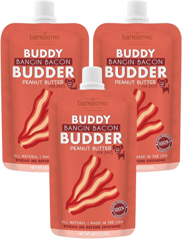 BUDDY BUDDER Bangin Bacon Peanut Butter for Dogs, 3 Pack, 4oz Squeeze