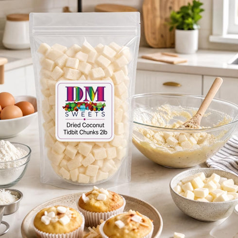 DM Sweets 2 lbs 15mm Dried Coconut Tidbit Chunks - of Fresh Crunchy Dried Coconut Pieces in Resealable Bag to Ensure