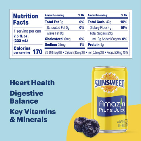 100% 6 4 Pack 7.5 Sunsweet Amazin Prune Juice Small Cans - Water Extract of Dried Prunes Pitted Unsweetened - Low Fat
