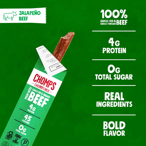 0.5oz 24-Pack Whole30, 4g Chomps Snack Size Grass-Fed and Finished Jalapeo Beef Jerky Snack Sticks - Keto, Paleo, Lean