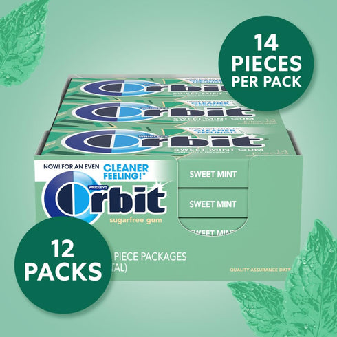 12 Packs 14-Pieces (168 ORBIT Sweet Mint Sugar Free Individually Wrapped Chewing Gum Mint Bulk Box , of Total Pieces)