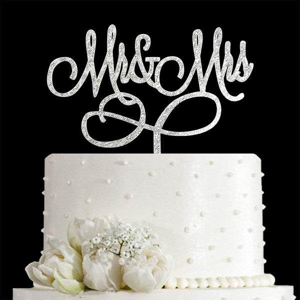 Mr and Mrs Cake Topper Bride and Groom Sign Wedding Engagement Decorations - Silver Glitter Acrylic