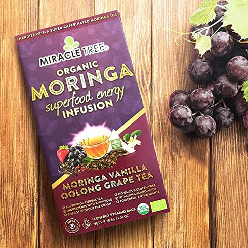 Miracle Tree's Moringa Energy Tea, Vanilla Oolong Grape, Organic Certified Healthy Coffee Alternative, 16 Pyramid