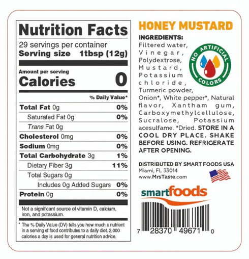Mrs Taste Sugar Free Honey Mustard, Zero Calories, Zero Sodium, Zero Sugar, High Fiber, Keto Friendly, Paleo Friendly, Condiments and Sauces (12 oz, Honey Mustard)