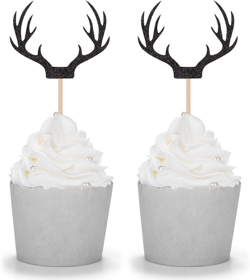 24 Counts Black Deer Antler Cupcake Toppers - Picks for Wedding Birthday Baby Shower Party Decorations