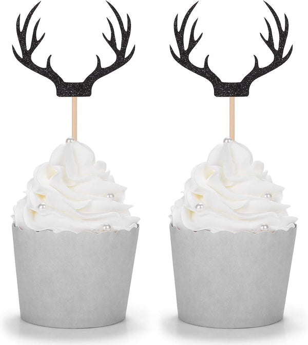 24 Counts Black Deer Antler Cupcake Toppers - Picks for Wedding Birthday Baby Shower Party Decorations