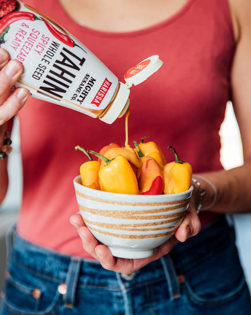 10.9oz Mighty Sesame Co. Harissa Tahini, Spicy Chili Squeezable & Ready Sesame Paste, | Whole Seed, Gluten Free, Vegan