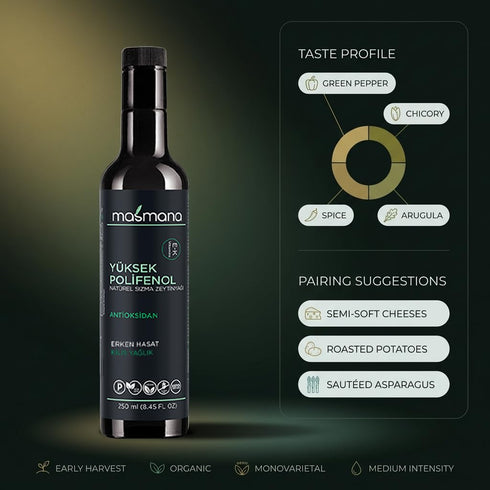 100% 500 mL (16.9 Masmana High-Polyphenol Extra Virgin Olive Oil Early Harvest & Cold Pressed, Polyphenol-Rich EVOO
