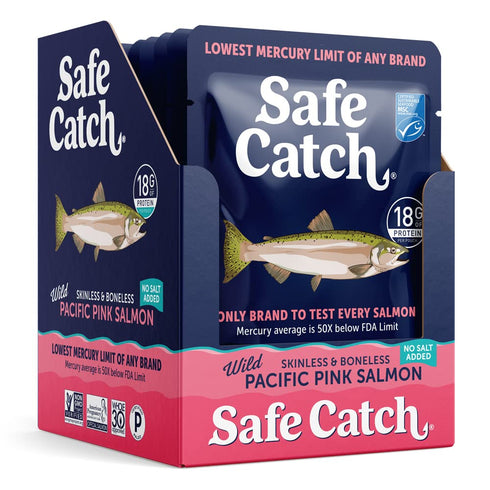 3oz Pack 12 Safe Catch Skinless and Boneless Wild Pacific Pink Salmon Pouch, No Salt Added, Mercury Tested, Kosher