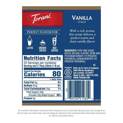 25.4 (Pack 4) Torani Syrup, Vanilla, Ounces