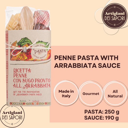 Set 15.5 oz Artigiani dei Sapori Penne Pasta Gift with Spicy Arrabbiata Sauce, Authentic Italian Gourmet Gift