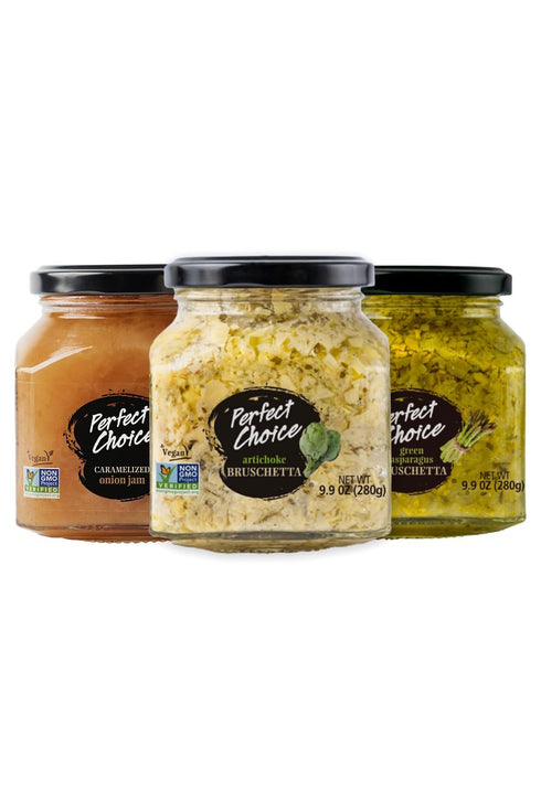 Perfect Choice Variety Pack with Delicious Artichoke Bruschetta, Green Asparagus Bruschetta &