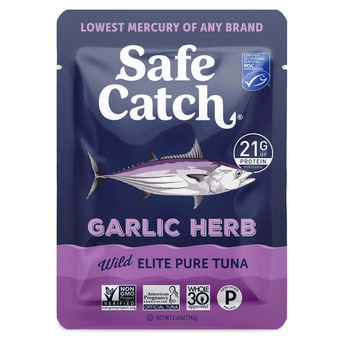 Safe Catch Elite Lowest Mercury Wild-Caught Tuna Fish Pouch, Garlic Herb Flavor,
