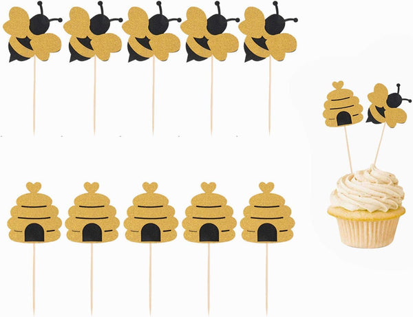 50 Pack Bee Cupcake Toppers, Glitter Bumble Bee Birthday Party Decor