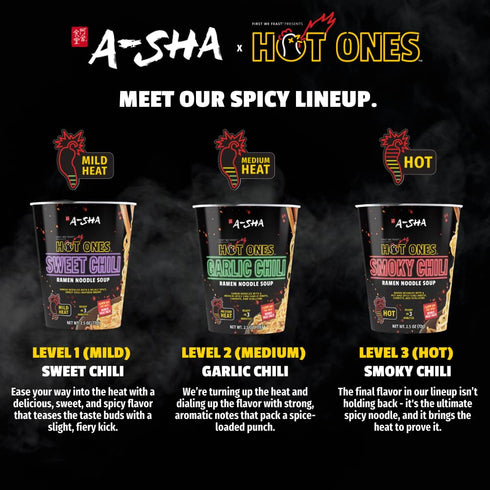 6 Pack, A-Sha x Hot Ones Spicy Ramen Noodle Soup Cup, Garlic Chili (Medium Heat) Flavor, Premium Microwaveable Ramen