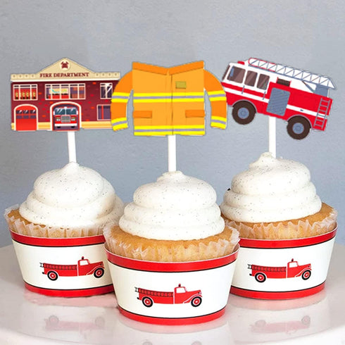 24 Pack Fireman Firefighter Cupcake Toppers - Fire Truck and Fire Extinguishing Cupcake Toppers for Birthday Party