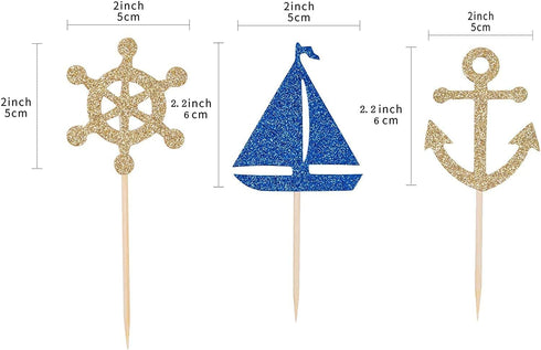 24 Pcs Nautical Theme Glitter Cupcake Picks, Cupcake Toppers for Decoration Party Favors