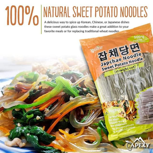 APEXY 100% 10.58oz Sweet Potato Glass Noodles Straight Cut, Japchae Noodles, Korean Vermicelli Pasta, Fat-free