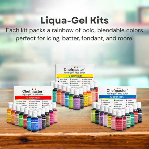 12 Pack Chefmaster - Liqua-Gel Food Coloring - Fade Resistant Food Coloring - - Vibrant, Eye-Catching Colors