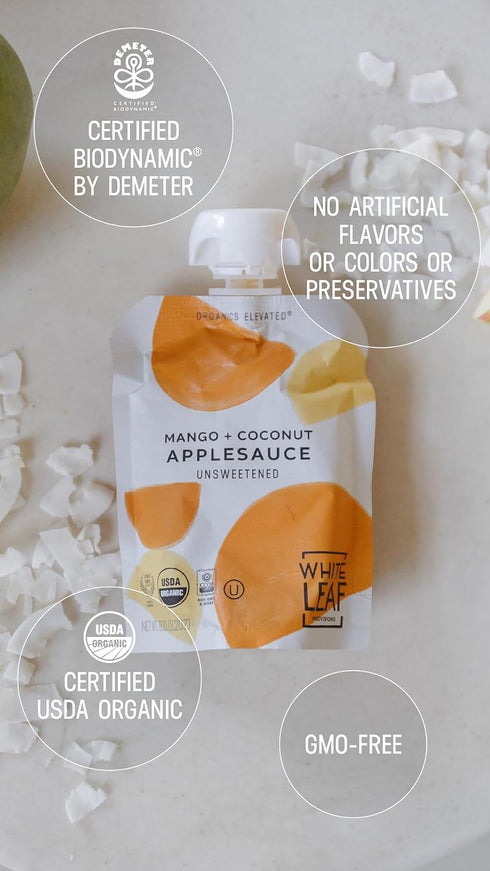 3.2oz (Pack 24) White Leaf Organic Mango & Coconut Applesauce Regeneratively Farmed, No Added Sugar, Kosher, USDA, GMO