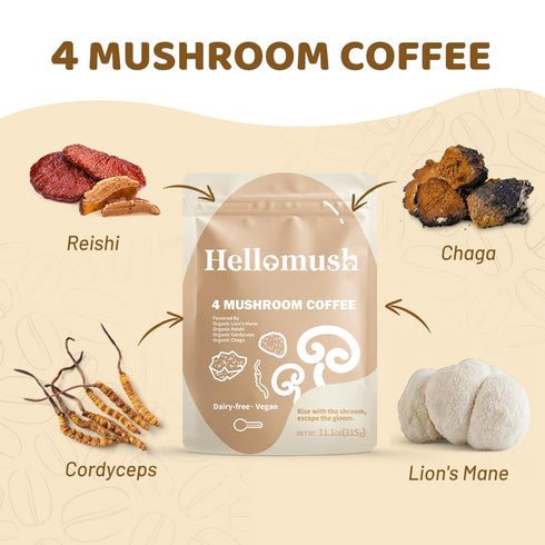 90 11.11 oz Hellomush Organic Instant Mushroom Coffee with Lions Mane, Reishi, Chaga and Cordyceps Coffee, Adaptogen
