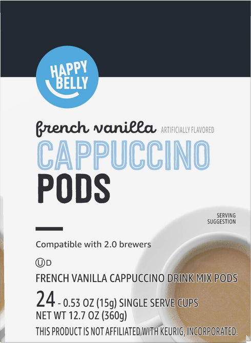 2.0 24 Count, 12.7 Happy Belly Cappuccino Coffee Pods Light Roast Compatible with K-Cup Brewers, French Vanilla