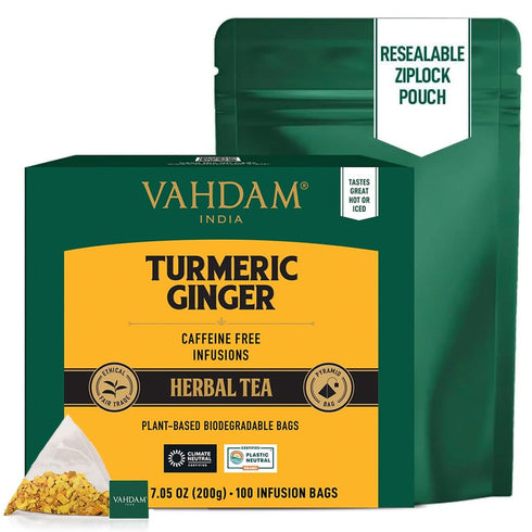 (100 100% VAHDAM Organic Turmeric Ginger Herbal Tea Bags Pyramid Tea Bags) Caffeine Free, Non GMO | Pure Herbal Blend
