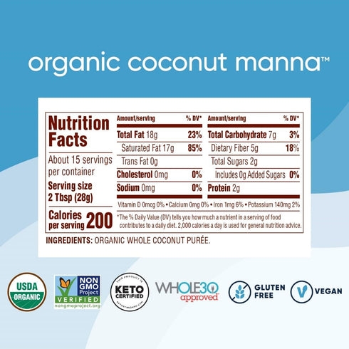 15 Oz (Pack 2), 30 Nutiva Organic Coconut Manna Pured Coconut Butter, of USDA Organic, Non-GMO, Whole Approved, Vegan