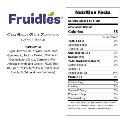 1" Inch (5 Fruidles Green Apple Gum Balls Fruit Flavored, Candy Buffet Treats, Machine Size Refills, Kosher Certified
