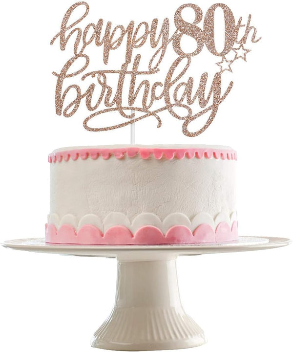 Happy 80th Birthday Cake Topper – Rose Gold Glitter 80th Anniversary Cake Decorations for Women