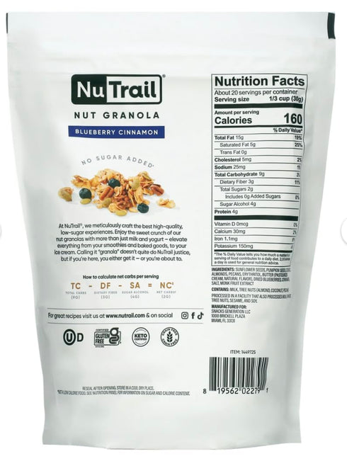 Low Karb 2g 1.37 lb, 22 Oz NuTrail, Keto Blueberry Nut Granola Healthy Breakfast Cereal, Low Carb Snacks & Food