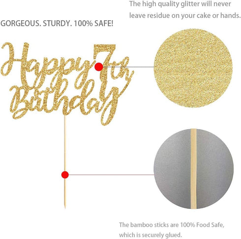 Gold Glitter Happy 7th Birthday Cake Topper, 7 Years Old Birthday Party Decorations, Boy or Girl Cake Toppers