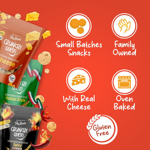 TEAMORE Pack 6 Pey Snacks Crunchy Queso Cheese Italian Style, Baked Cheese & Tapioca Snacks with Cheddar, Parmesan