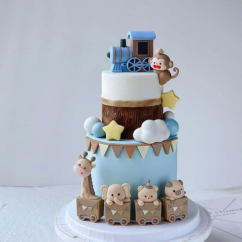 Foofluckii 24-Piece Set Animal Train Cake Decoration with Giraffe, Elephant, Pig, Bear, and Monkey - Themed Cake